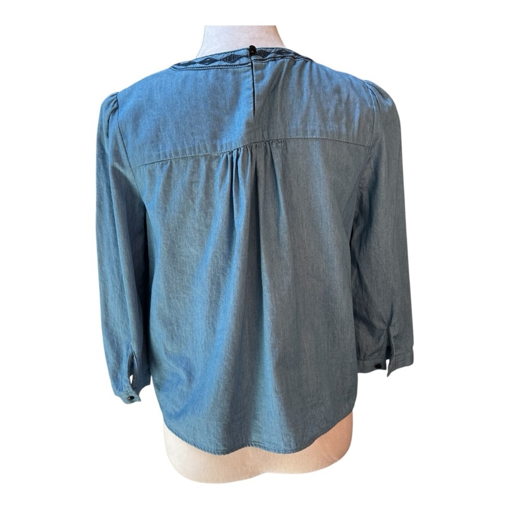 Sacred Threads Blue Denim Embroidered Boho Peasant Blouse Top S/M - Picture 3 of 9